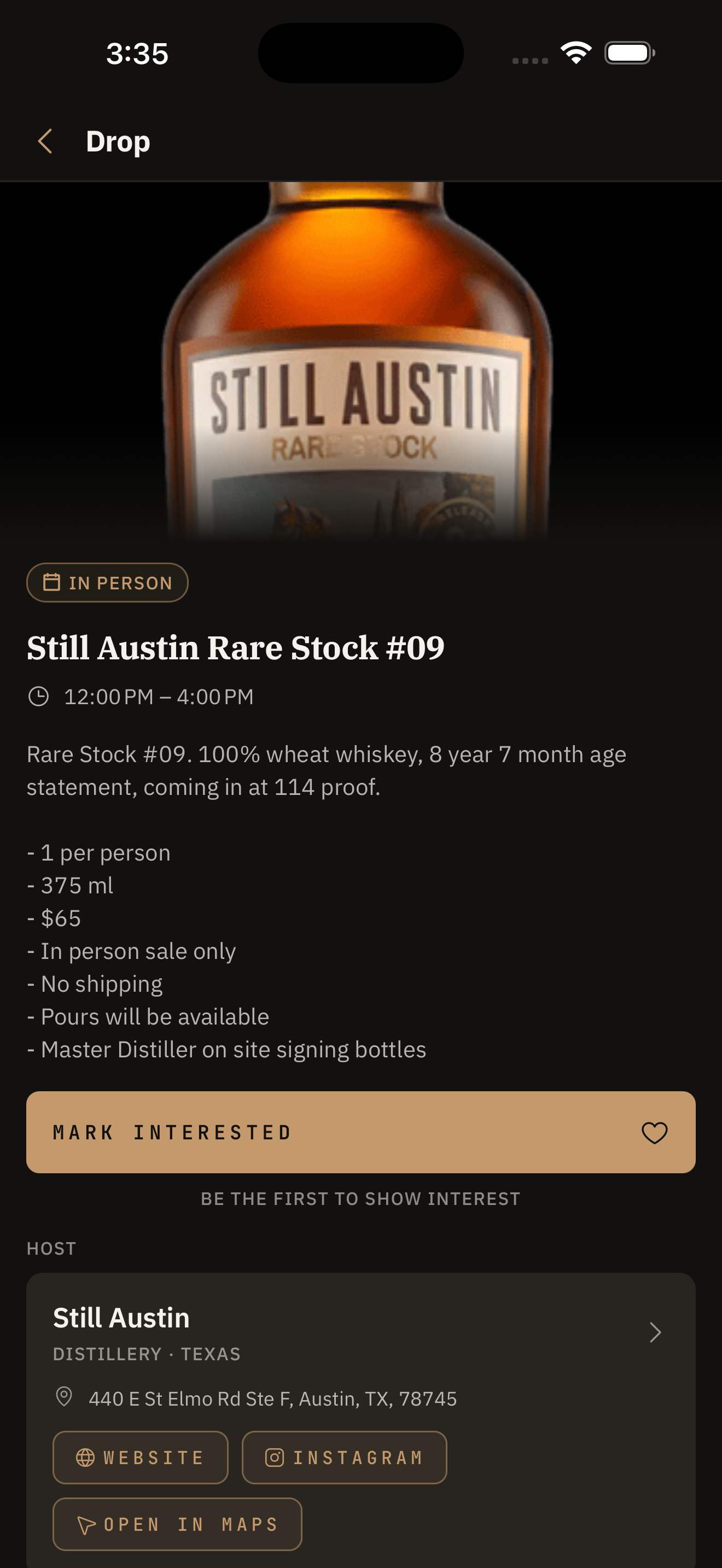 Still Austin bottle release details with an interest button and host information