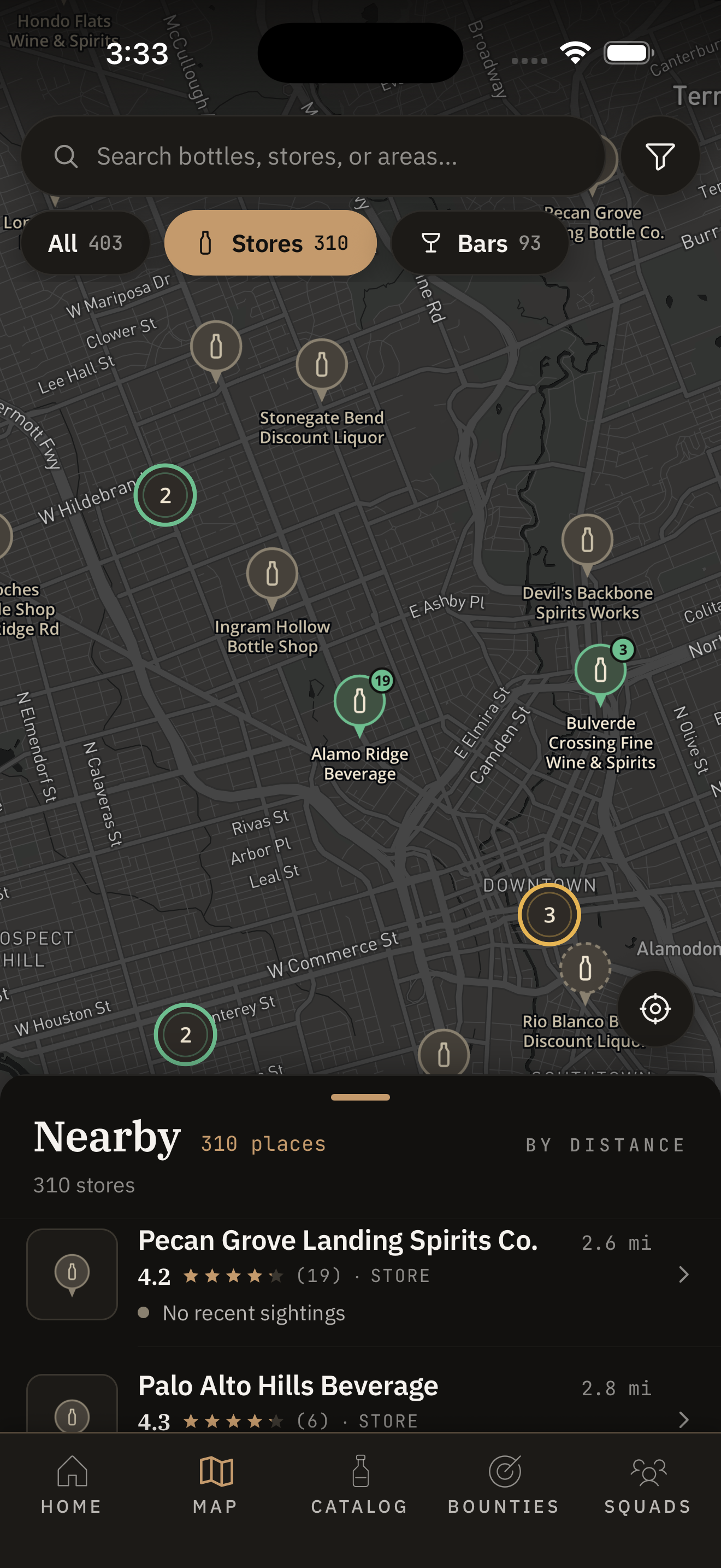 DoubleOak hunt map with nearby stores, ratings and sightings