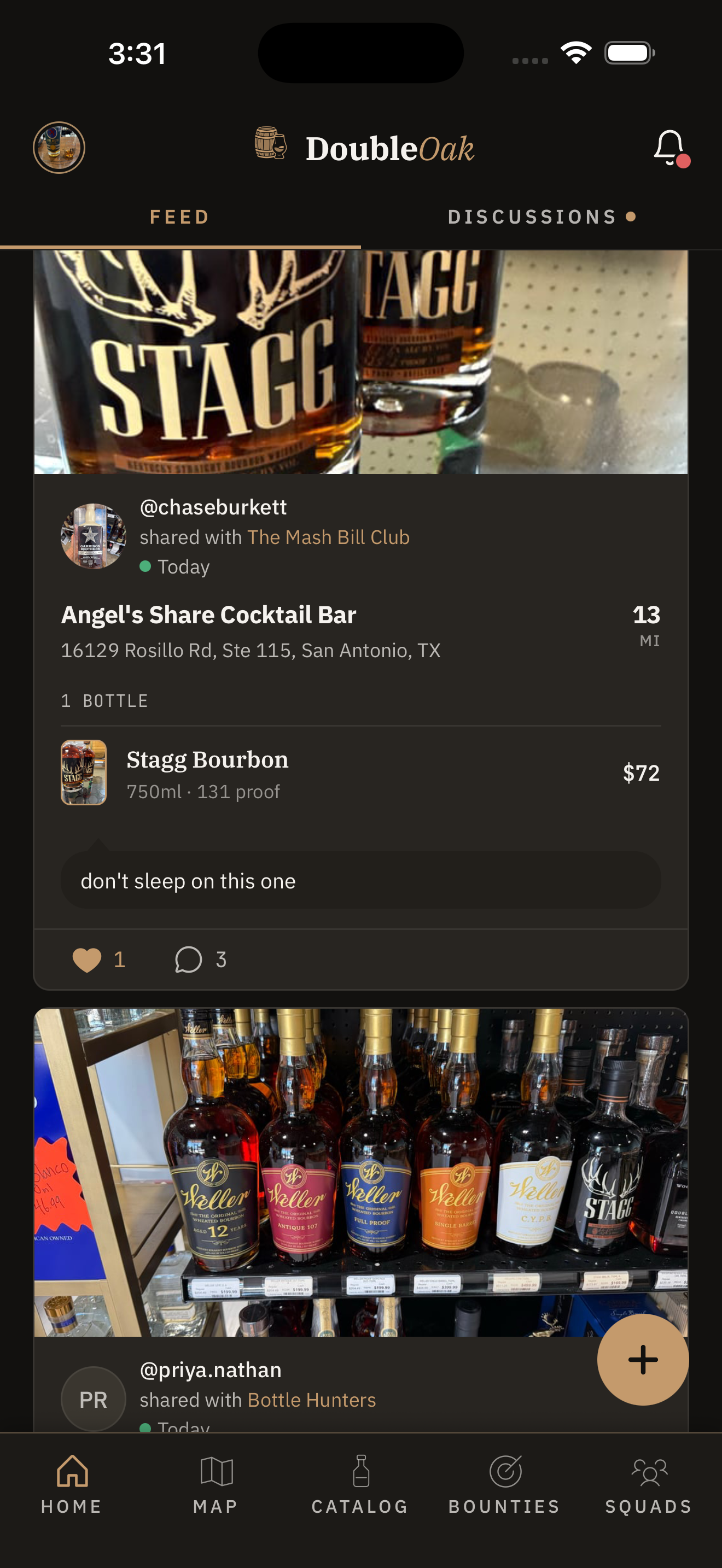Live bottle sightings in the DoubleOak feed